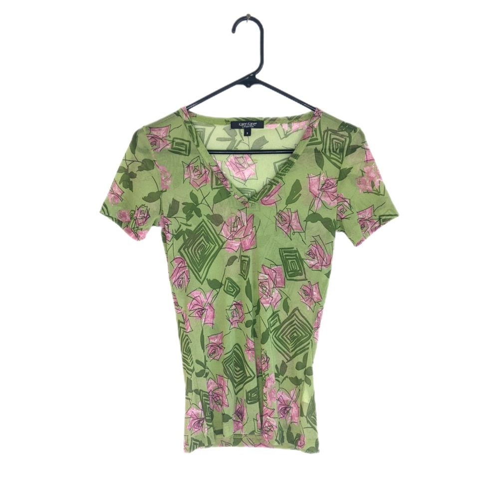 Y2K Mesh Floral Abstract V Neck Fitted Baby Tee